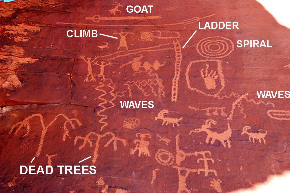 Dead trees, goats, spirals, ladders in this petroglyph